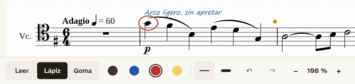 Pantalla Estudiar de la aplicación: una nota escrita a mano sobre la partitura, una nota rodeada con un círculo rojo y el lápiz con sus colores.