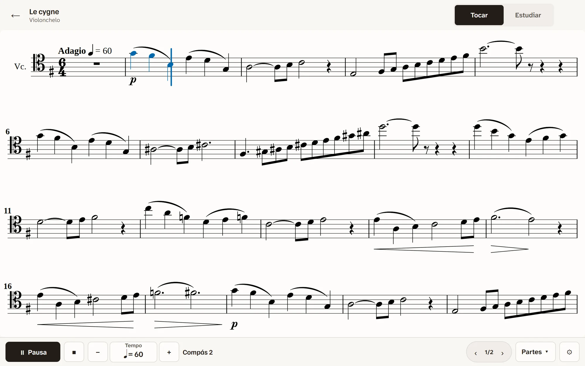 La aplicación en una tablet tocando Le cygne, de Saint-Saëns: la raya azul marca por dónde vas y las notas ya tocadas se vuelven azules.