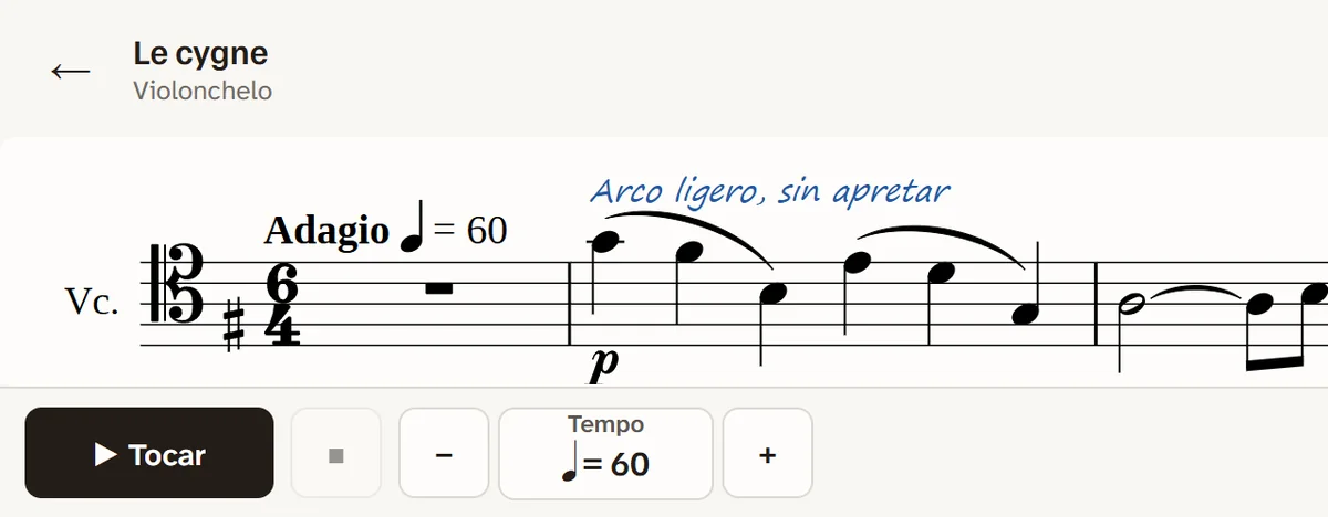 Pantalla Tocar de la aplicación con Le cygne, de Saint-Saëns: la partitura, el botón Tocar, el tempo y el selector de partes.